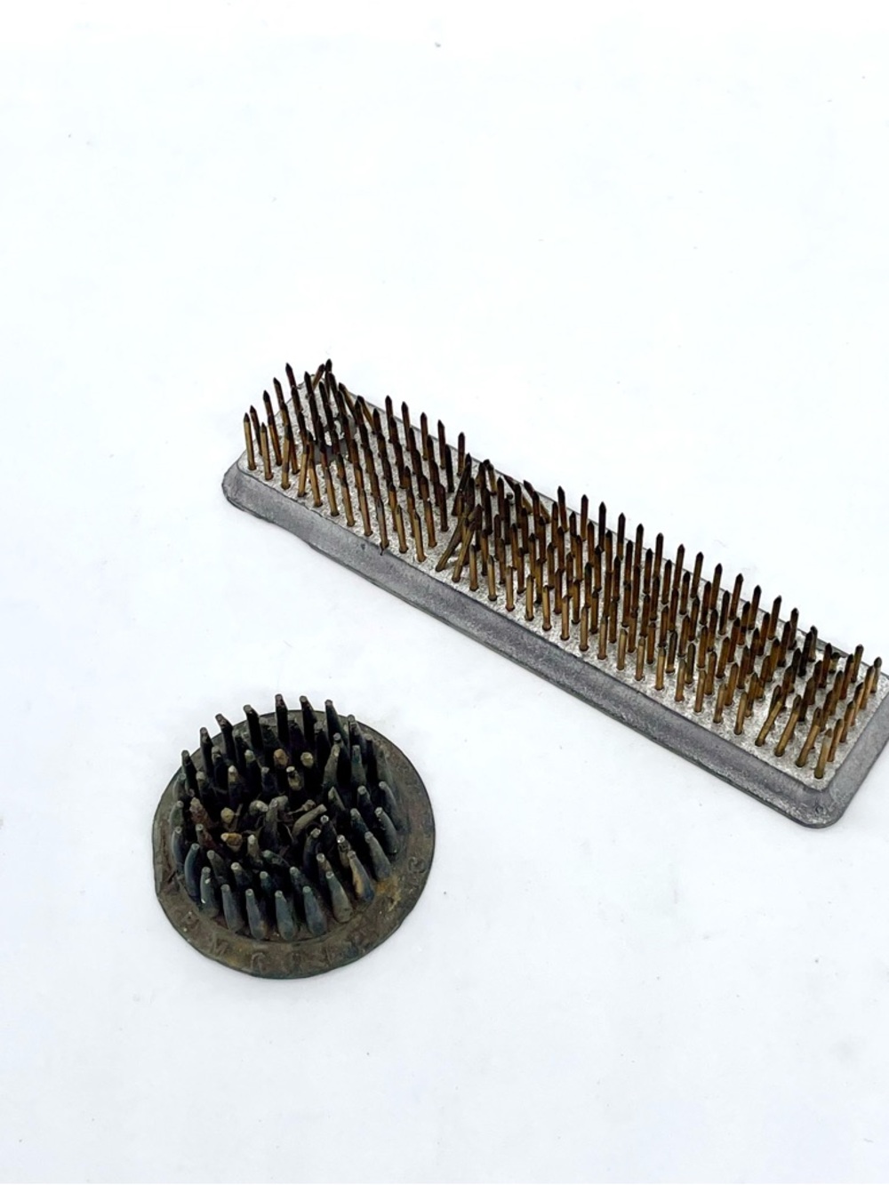 2 Vintage Antique Metal Spiked Flower  Arrangement Frogs Round & Rectangle
